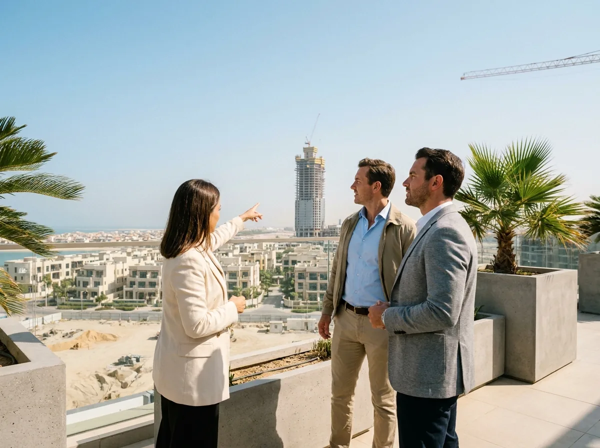 A Noble Assets Properties advisor showing two investors a development under construction in the United Arab Emirates