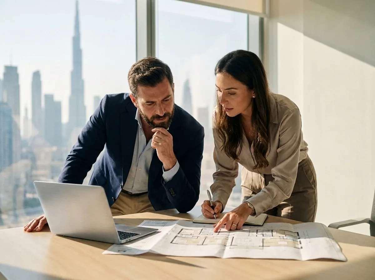 Two Noble Assets Properties advisors reviewing a floor plan together against the Dubai skyline
