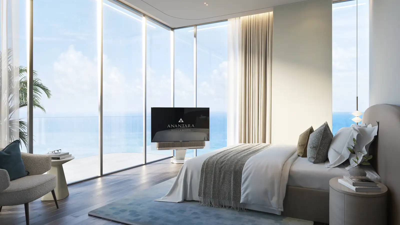 Schlafzimmer einer Sky Villa mit bodentiefen Fenstern und Meerblick, Visualisierung