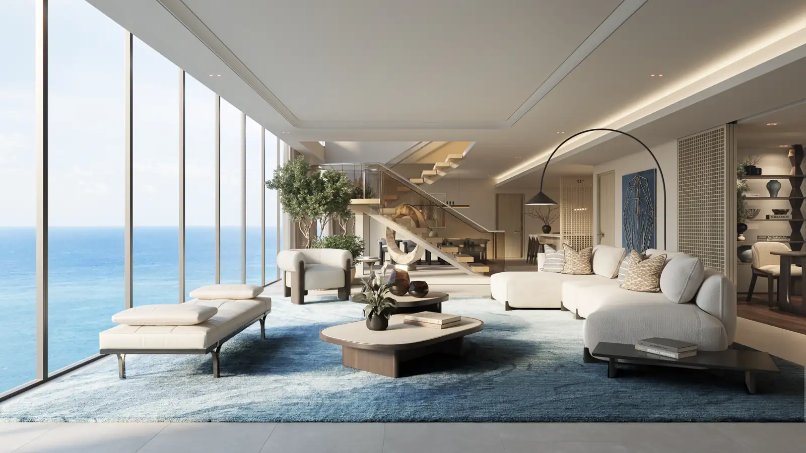 Wohnbereich einer Sky Villa mit Blick auf den Arabischen Golf, Visualisierung