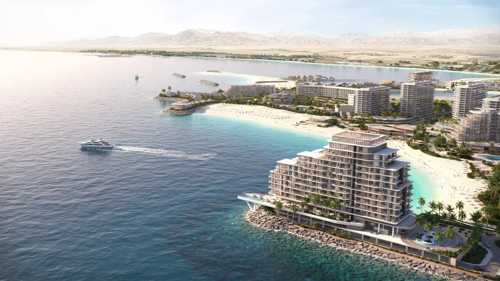 Luftansicht Hayat Island mit den Anantara Mina Ras Al Khaimah Residences, Strandbogen, Lagune und Hajar-Gebirge — Visualisierung
